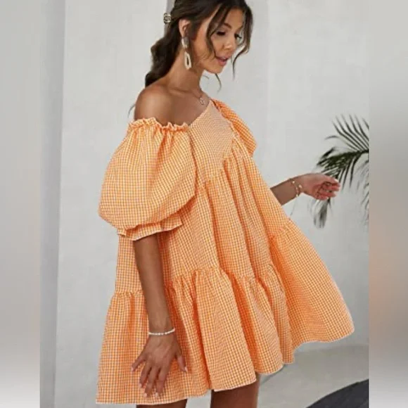 Orange & White Gingham Asymmetrical Neck Puff Sleeve Ruffle Hem Smock Dress - Picture 3 of 6